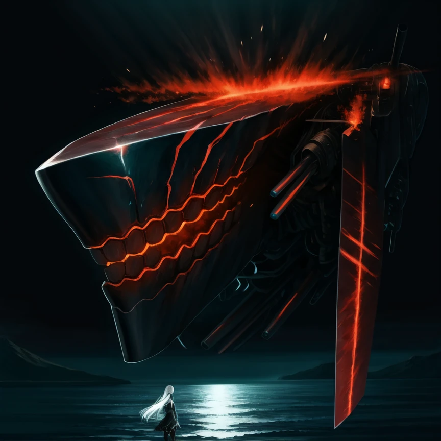 best quality, best anatomy, digital painting, luxurious illustration, dynamic, aircraft carrier oni, abyssal ship, ((top-down_bottom-up, cropped legs)), 1girl, frustrated, glowing, glowing eyes, pale skin, red eyes, very long hair, white hair, one side up, breasts, large breasts, black dress, sailor dress, sleeveless, gauntlets, armor, armored boots, thigh boots, thighhighs, zettai ryouiki, machinery, ocean, water, finely detailed background, amazing background