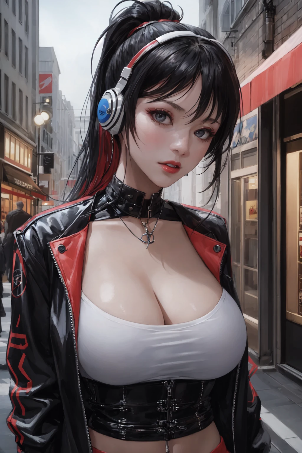 (masterpiece:1.2, best quality), (real picture, intricate details, depth of field), (1girl, solo, huge breasts), make up, parted lips, realistic, highly-detailed, perfect face, dynamic pose, dynamic angle,
Clothes: edgy, avant-garde jacket, tech wear, experimental, high-tech clothes, headphone
Appearance: bold hair color, ponytail, dramatic makeup, unconventional fashion choices, piecing,
Behavior: standing outside of a store, listening to music, thinking
Location: outdoor, dark city, colorful Graphiti, paint splash, neon lights, convenience store
Hobbies: attending music concert, creating mixed media art, experimenting with different subcultures
Values: individuality, authenticity, creative expression
Inspirations: lofi music, counterculture icons, avant-garde art movements, technology
Personality traits: calm, shy, tech enthusiast