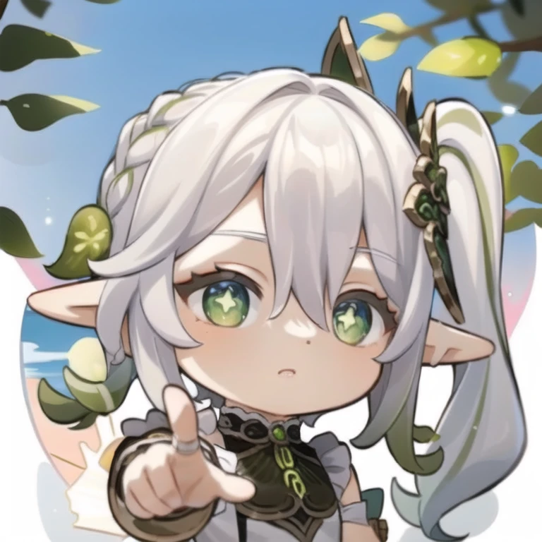 masterpiece, best quality, chibi, 1girl, solo, nahida_genshin, maid uniform, cross-shaped pupils, pointing <lora:GenshinStickers:1> <lora:Nahida:1>