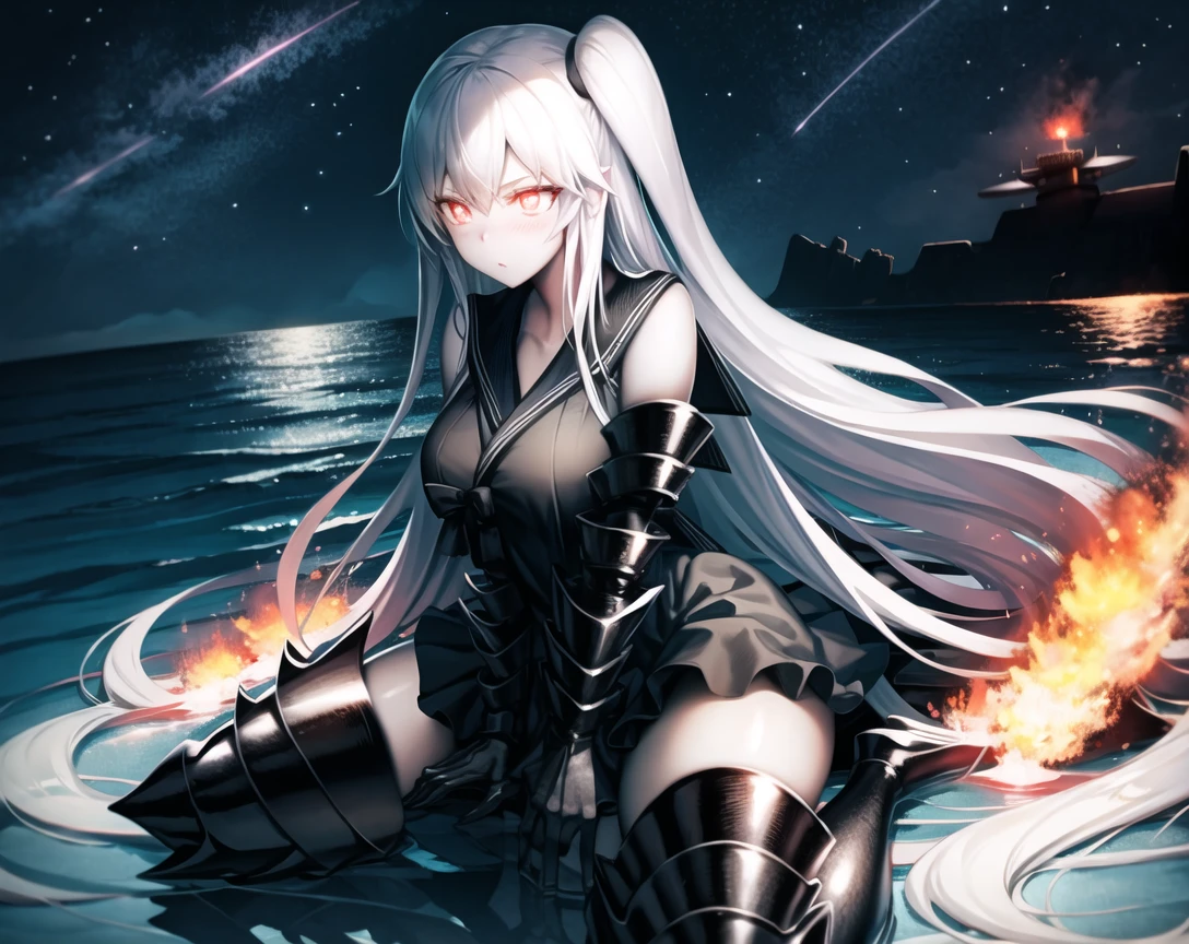 best quality, best anatomy, digital painting, Exquisite illustration, dynamic, aircraft carrier oni, abyssal ship, (((wariza, vanishing point))), 1girl, blush, glowing, glowing eyes, pale skin, red eyes, very long hair, white hair, one side up, breasts, large breasts, black dress, sailor dress, sleeveless, gauntlets, armor, armored boots, thigh boots, thighhighs, zettai ryouiki, turrets and cannons, dark skies, ocean, water, finely detailed background, amazing background