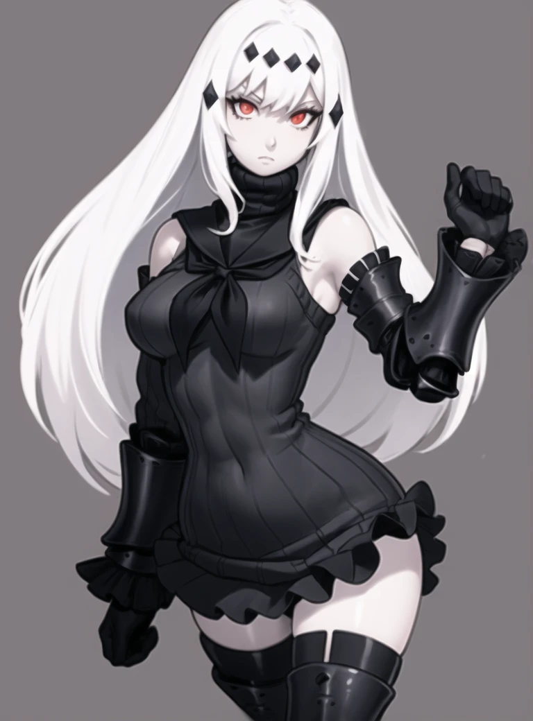 (masterpiece, best quality, best anatomy, digital art, Intricately designed 2d illustration), aircc water oni, covered mouth+neckerchief, 1girl, solo, white skin, red eyes, (white hair, long hair, hair ornament), (detached sleeves, frilled sleeves), (turtleneck, short frilled sweater dress and skirt), black thighhighs, (((bulky armored knee boots, high heel boots))), (simple background, clear white background:1.4)