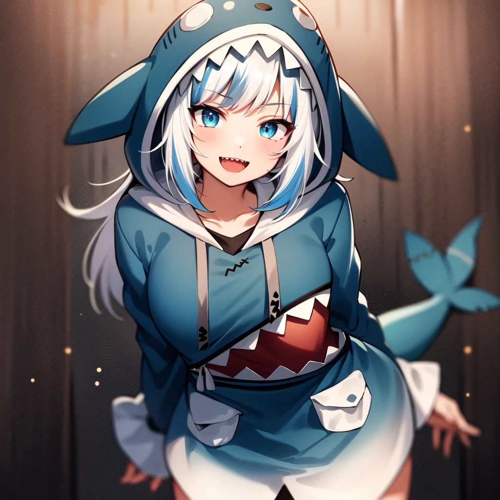 2d, masterpiece, best quality, anime, highly detailed face, highly detailed eyes, highly detailed background, perfect lighting, cowboy shot, 1girl, solo, gawr gura, shark girl, blue hoodie, hood, hood up, animal hood, shark tail, shark print, :d, sharp teeth, standing <lora:gawr_gura-17:0.9>