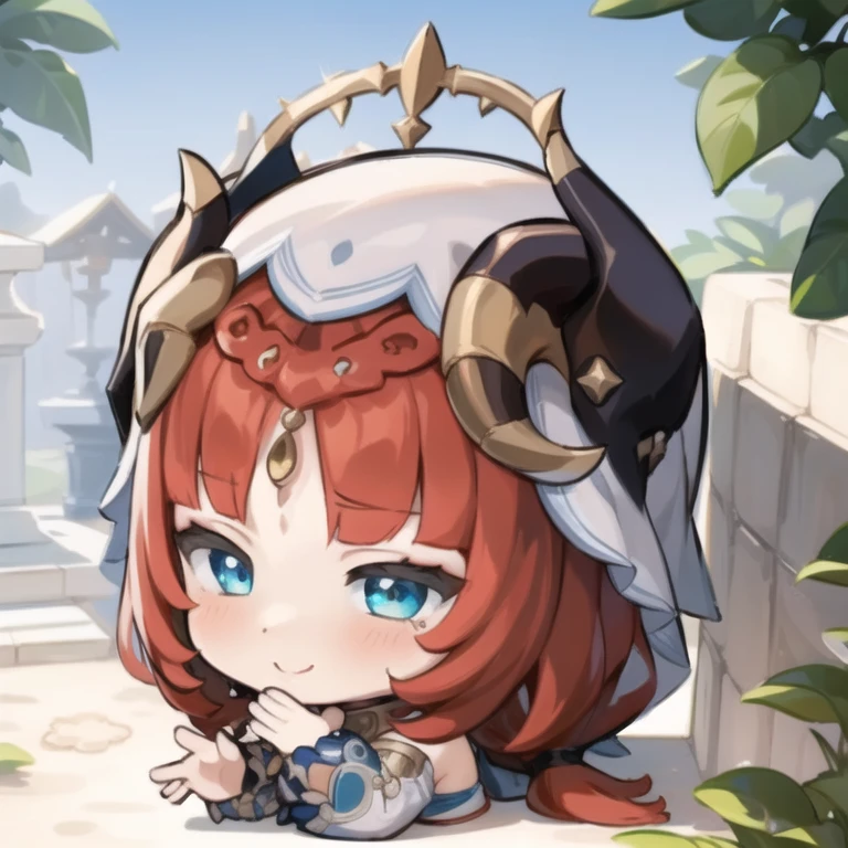 masterpiece, best quality, chibi, 1girl, solo, nilou_genshin, close-up, face focus, red hair, headdress, horns, waving, smiling<lora:GenshinStickers:1> <lora:Nilou:0.8>