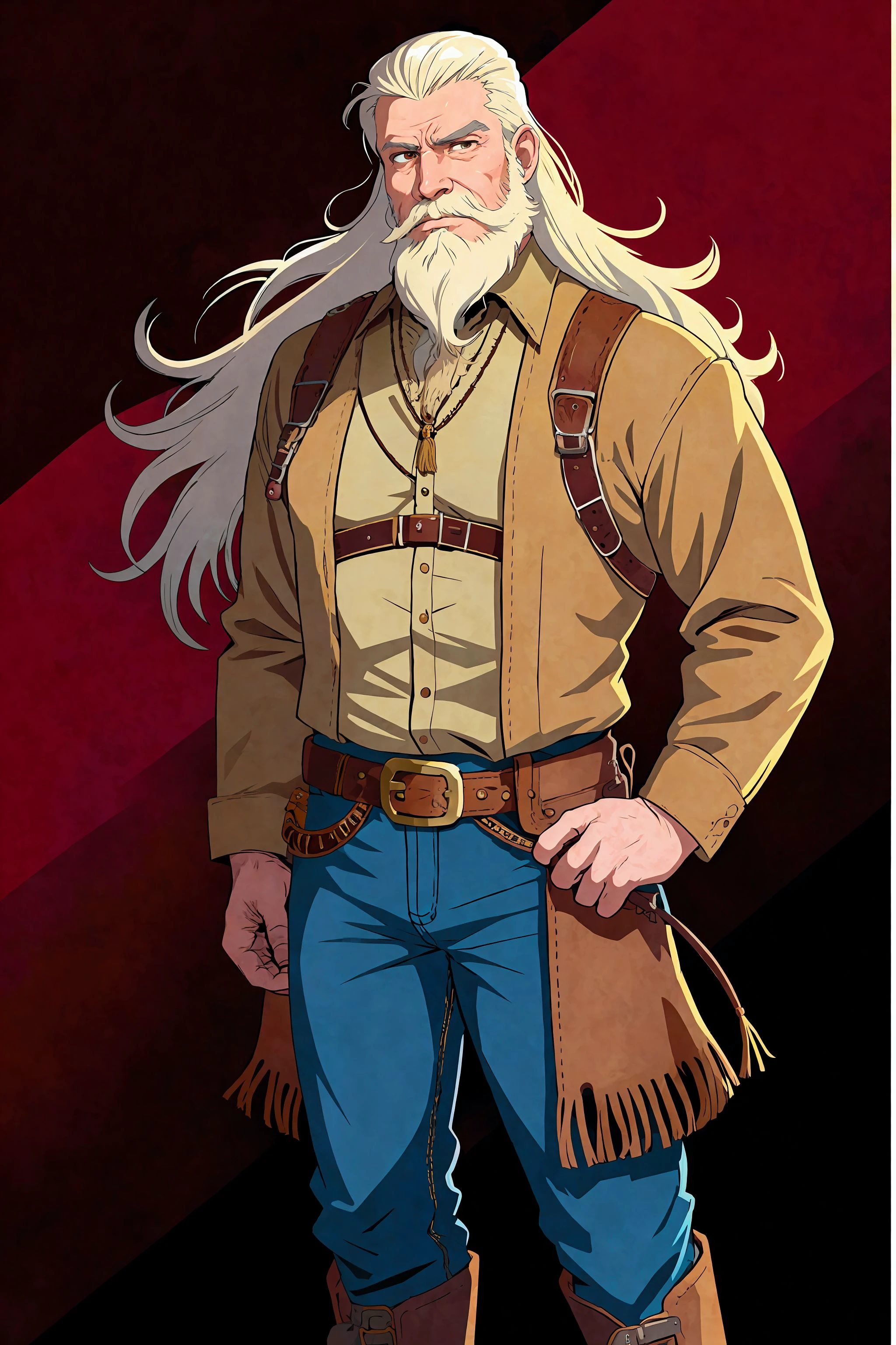 western cowboy, official art, keyframe, (intricate lineart:1.1), flat color, character focus, leather chaps, belt with giant buckle, long scragglely beard, white hair, wrinkled,