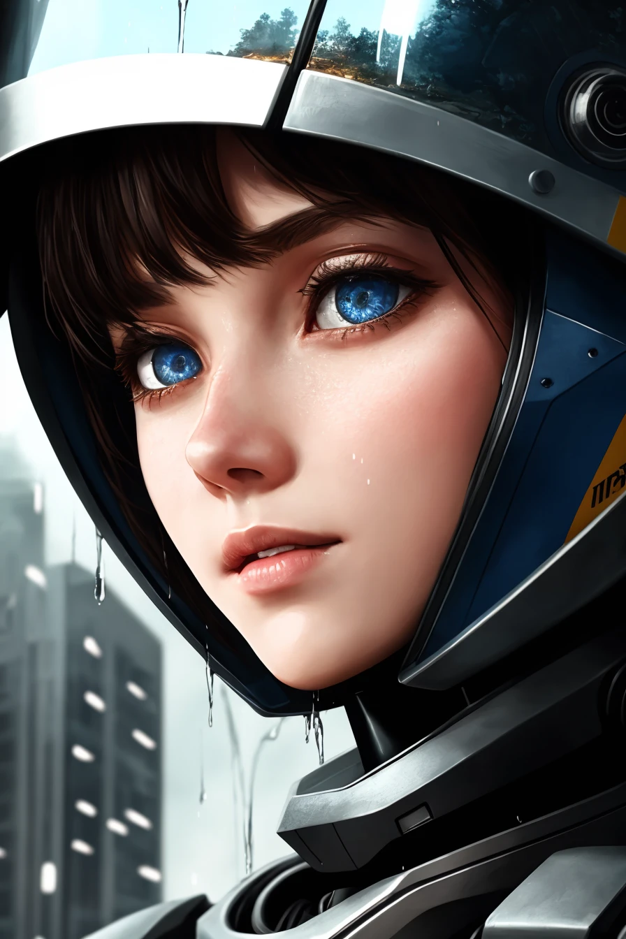 (masterpiece, sidelighting, finely detailed beautiful eyes: 1.2), detailed background, photo of half life combine standing outside city 17, glossy robot, rainy, rtx, octane, unreal