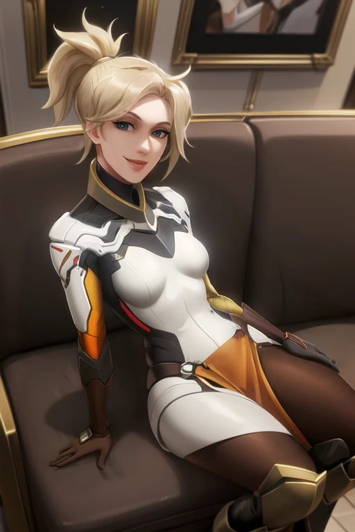 portrait, mercy, waist up, bodysuit, armored boots, loincloth, brown legwear, no wings, high ponytail, looking at viewer, gentle smile, living room, laying on couch, <lora:mercyOverwatchLORA_v1:0.7>, best quality