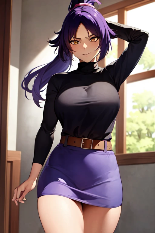 masterpiece, best quality, absurdres, perfect antomy, cowboy shot, standing, indoors, 1girl, solo, Shihouin Yoruichi, purple hair, looking at viewer, smile, turtleneck sweater, skirt