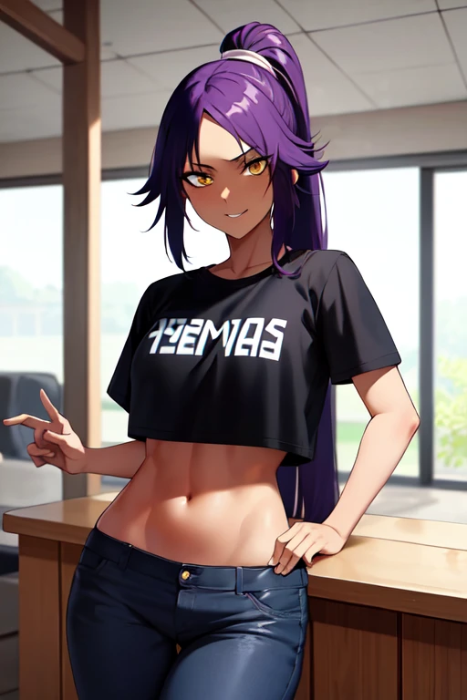 masterpiece, best quality, absurdres, perfect antomy, cowboy shot, standing, indoors, 1girl, solo, Shihouin Yoruichi, purple hair, looking at viewer, smile, t-shirt, midriff, toned, pants