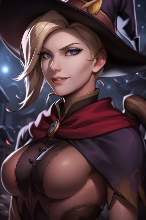 portrait, waist up, mercy, witch, witch costume, witch hat, mischievous face expression, smirk, night sky, moonlight, looking at viewer, <lora:mercyOverwatchLORA_v1:0.7>, best quality