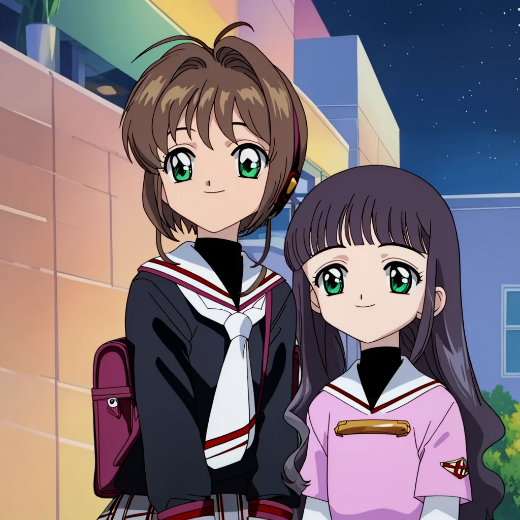 masterpiece, highres, outside, starry sky, night, kinomoto_sakura with green eyes and daidouji_tomoyo with black eyes, tomoeda__school_uni2girls, smiling
