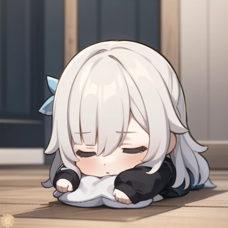 masterpiece, best quality, chibi, 1girl, solo, white hair, asleep, sleeping, lying down <lora:GenshinStickers:1>