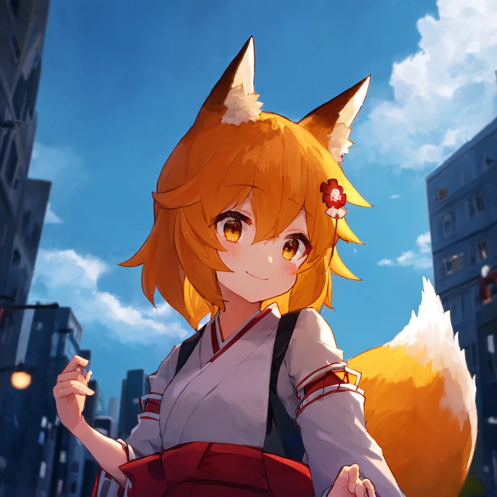 ((best quality:1), (masterpiece:1), (ultra-detailed:1):1.3), dark night, low brightness, detailed background, cinematic lighting,, sen, animal ears, fox ears, fox girl, fox tail, hair flower, hair ornament, orange eyes, orange hair, short hair, tail, flat chest, 1girl, solo, kimono, miko, japanese clothes,, dark night, cowboy shot, smile, cloud, sky, outdoors, cloudy sky, post-apocalypse, street, city, cityscape, city lights, dynamic pose, upper body, upper body, arms behind back,