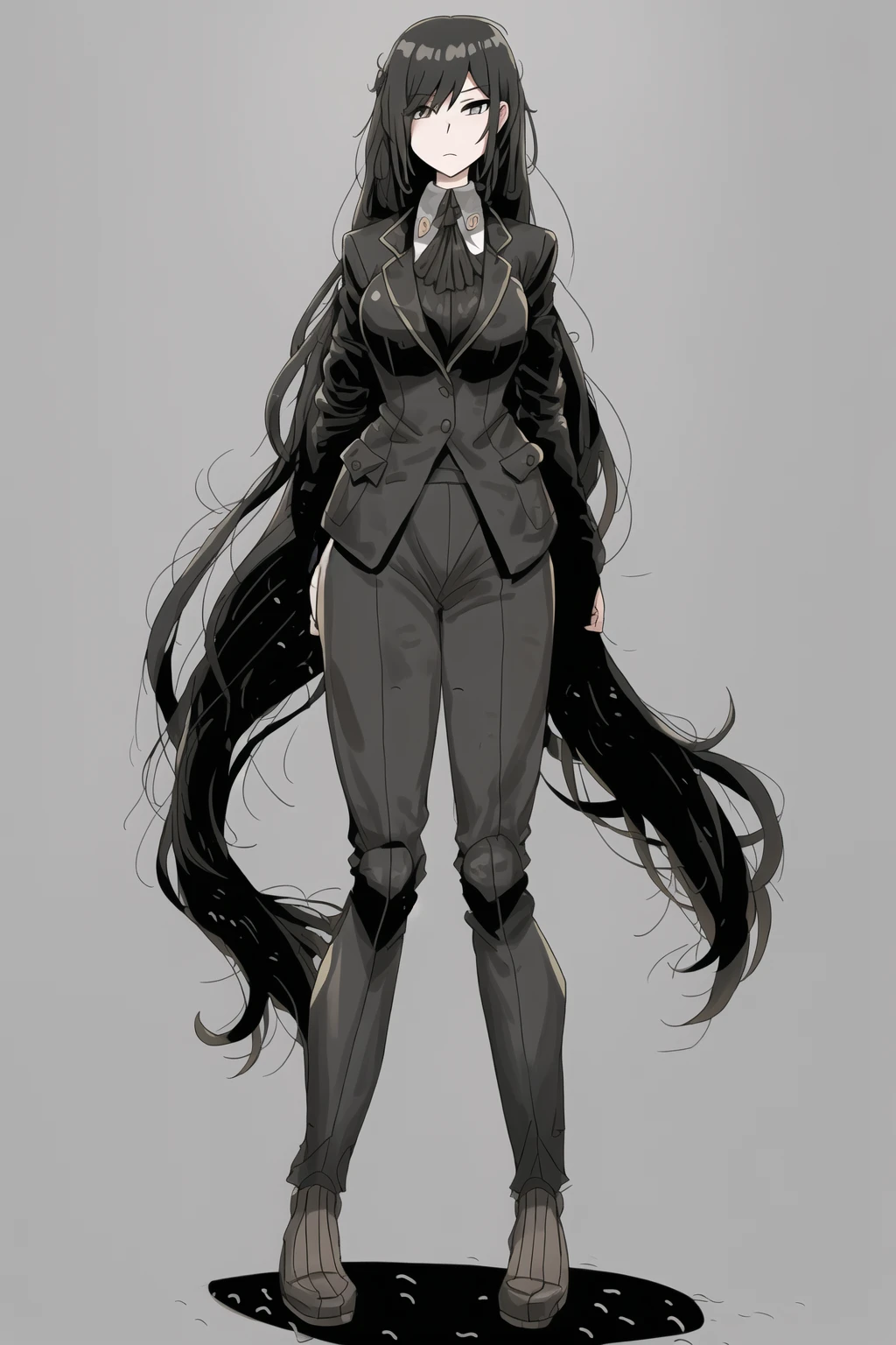 full body, woman, (black suit:1.2), extremely long hair<lora:hou_jae_04 style-000002:1>