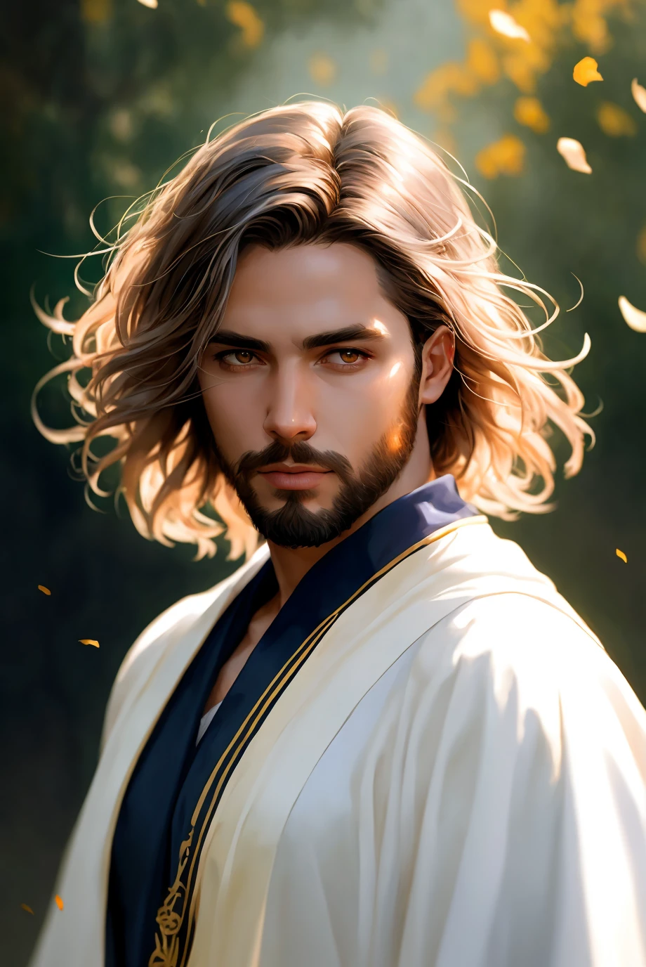 (masterpiece), (extremely intricate), photorealistic photo of a handsome male wizard, short beard, white wizard shirt with golden trim, white robe moving in the wind, long white hair, fully clothed, perfect face, handsome, (perfect composition:1.4), deviantart hd, artstation hd, concept art, detailed face and body, award-winning photography, margins, detailed face, professional oil  painting by Ed Blinkey, Atey Ghailan, Jeremy Mann, Greg Manchess, Alex Gray, trending on ArtStation, trending on CGSociety, intricate, high detail, sharp focus, dramatic, award winning matte drawing cinematic lighting octane render unreal engine volumetrics dtx