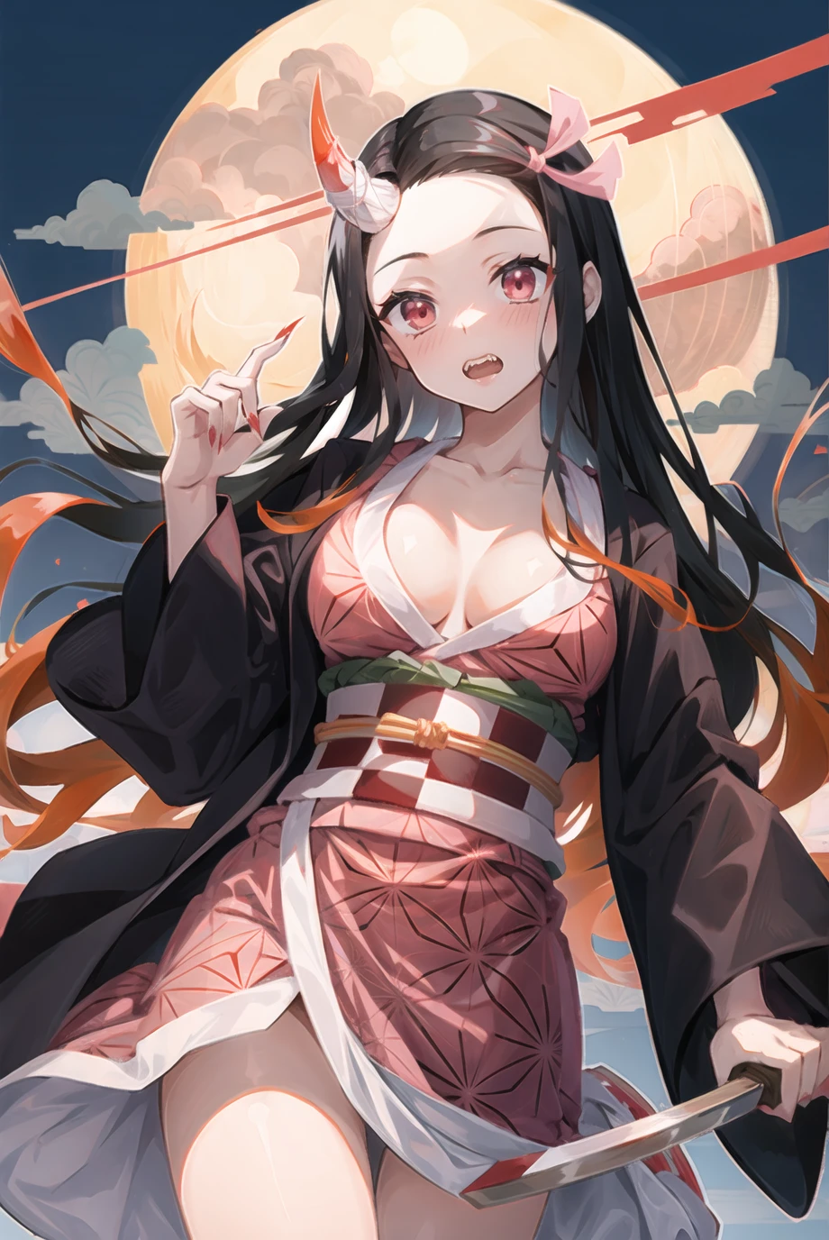 kamado nezuko, 1girl, slit pupils, sharp teeth, vampire, veins, blood, big breasts, ((aged up)), brown hair, buckle, cleavage, collarbone, big breasts, cowboy shot, dutch angle, fingernails, full moon, gradient hair, holding, holding sword, holding weapon, horns, japanese clothes, kimono, large breasts, licking, licking blood, licking hand, long hair, looking at viewer, moon, multicolored hair, night, obi, oni horns, open clothes, open kimono, orange hair, red eyes, red nails, sash, sharp fingernails, single horn, solo, standing, underwear, very long hair, weapon, white belt, ((masterpiece)) <lora:kamado_nezuko_offset:1>