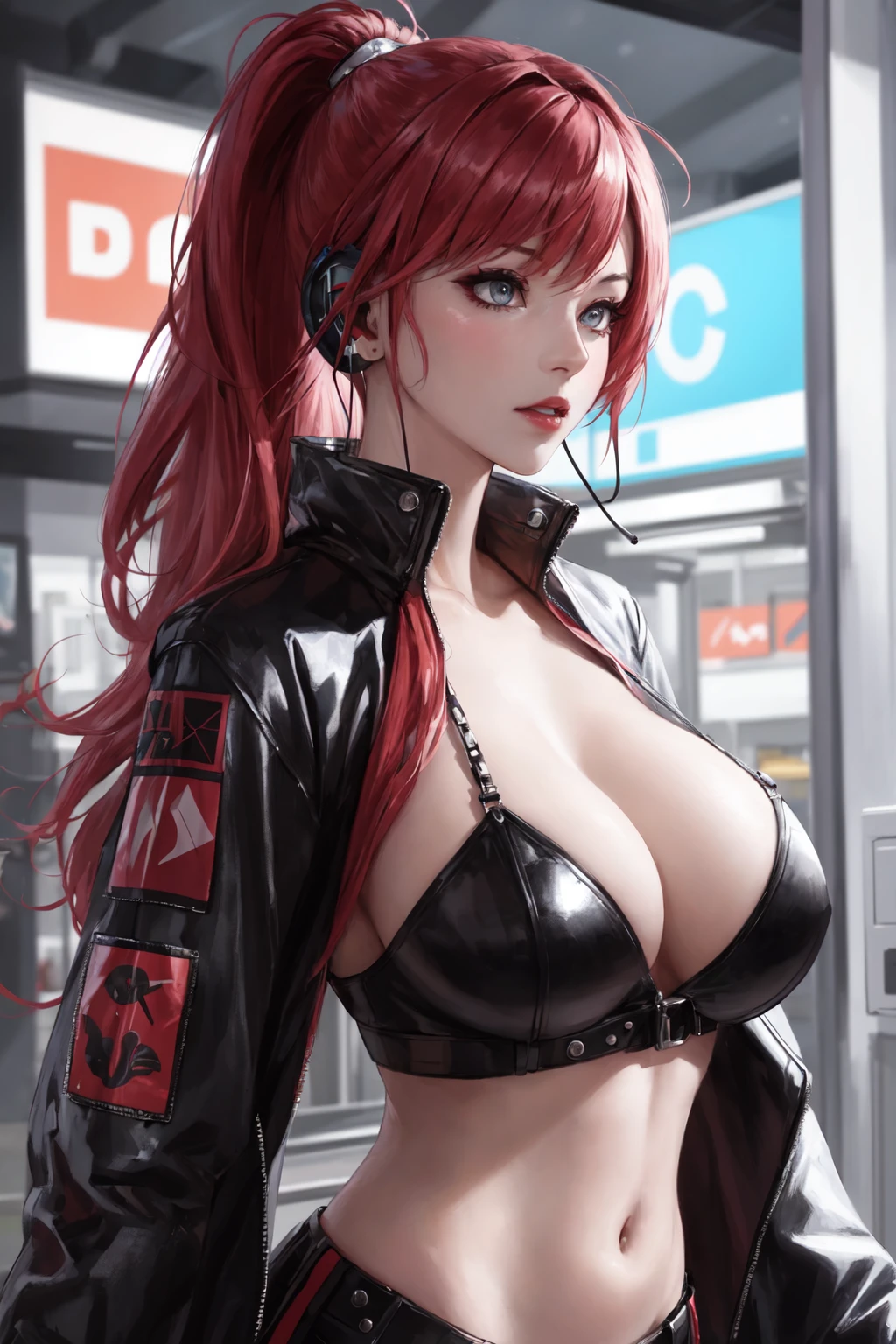 (masterpiece:1.2, best quality), (real picture, intricate details, depth of field), (1girl, solo, huge breasts, perfect body), make up, cleavage, parted lips, realistic, shiny skin, highly-detailed, perfect face, dynamic pose, dynamic angle,
Edgy girl, avant-garde jacket, tech wear, experimental, high-tech clothes, headphone,
bold hair color, ponytail, dramatic makeup, unconventional fashion choices, piecing,
outdoor, dark ((cyberpunk)) city, colorful Graphiti, paint splash, neon lights, convenience store,
calm, shy, tech enthusiast, counterculture icons