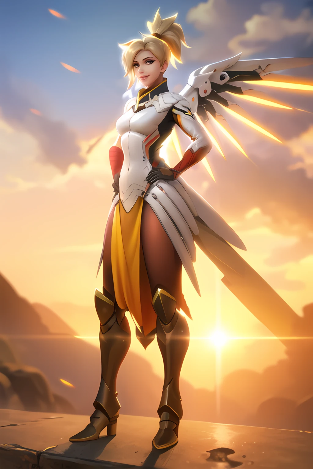 mercy, waist up, bodysuit, armored boots, loincloth, brown legwear, hands on hips, yellow wings, glowing wings, high ponytail, looking at viewer, gentle smile, sky, sunlight,,<lora:mercyOverwatchLORA_v1:0.7>, best quality