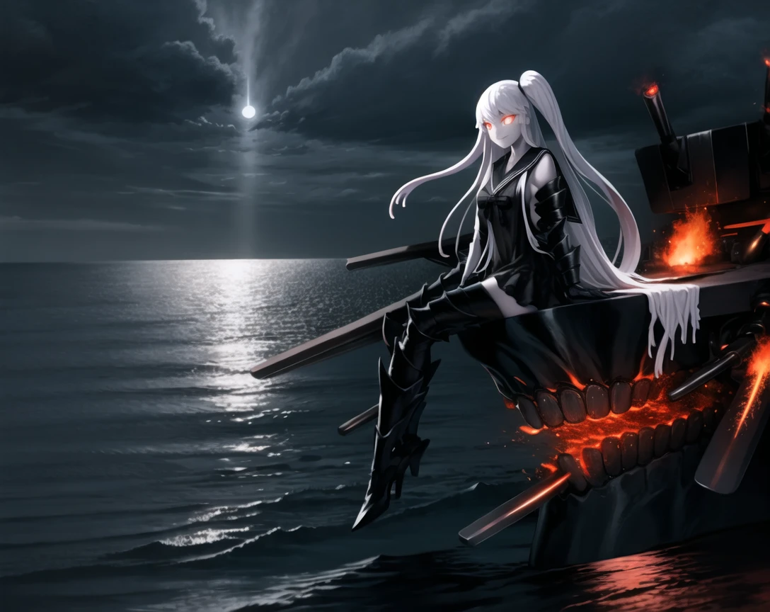best quality, best anatomy, digital painting, Sumptuous illustration, dynamic, aircraft carrier oni, abyssal ship, (((figure_four_sitting, cropped arms))), 1girl, forced smile, glowing, glowing eyes, pale skin, red eyes, very long hair, white hair, one side up, breasts, large breasts, black dress, sailor dress, sleeveless, gauntlets, armor, armored boots, thigh boots, thighhighs, zettai ryouiki, turrets and cannons, dark skies, ocean, water, finely detailed background, amazing background