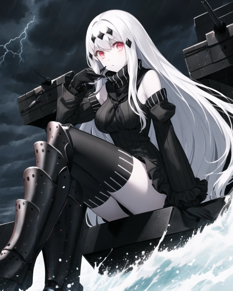 (masterpiece, best quality, best anatomy, digital art, Intricately designed 2d illustration), aircraft carrier water oni, abyssal ship, shinkaisei-kan, :|, 1girl, solo, white skin, red eyes, (white hair, long hair, very long hair, hair ornament), breasts, large breasts, (detached sleeves, bare shoulders, black gloves, gloves), (dress, black dress, sailor dress, ribbed dress, short dress), (zettai ryouiki, thighhighs, black thighhighs, black footwear, armor, armored boots, boots, greaves, knee boots), (machinery+teeth), (storm clouds, stormy waters, dark skies, bright highlights)