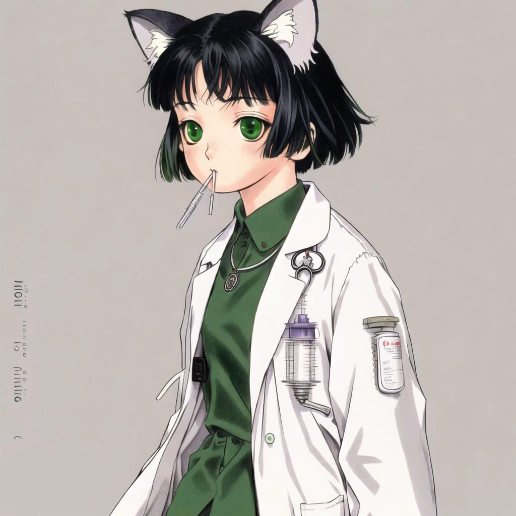 <lora:range_murata2:1>, murata renji, range murata,

<lora:retro3:1>, muted pastel colors, retro anime, 1990s anime, 1980s anime, brush strokes, 1girl, animal ears, bangs, bare shoulders, cat ears, cat girl, character name, closed mouth, coat, doctor, green eyes, green shirt, holding,  jewelry, labcoat, long sleeves, medium hair, open clothes, open coat, ring, shigeru do dai ga cha, shirt, solo, syringe, watch, white coat, white hair