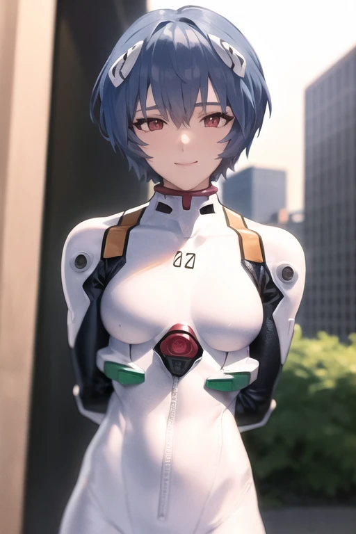 masterpiece, best quality, 1girl, ayanamirei, plugsuit, interface headset, looking at viewer, light smile, city park, upper body, arms_behind_back <lora:AyanamiReiV6-000010:0.7>