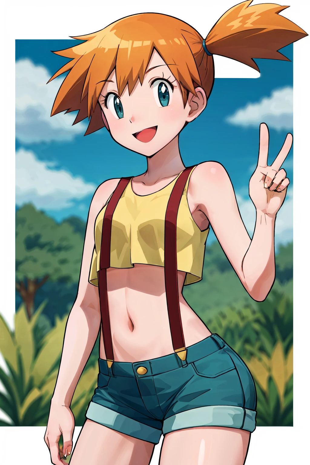 masterpiece, best quality, highres, 1girl, misty (pokemon), orange hair, solo, shorts, suspenders, side ponytail, orange hair, midriff, yellow crop top, navel, short hair, denim, denim shorts, <lora:misty_(pokemon)_v2:0.7>, smile, cowboy shot, standing, peace_sign, outdoors,