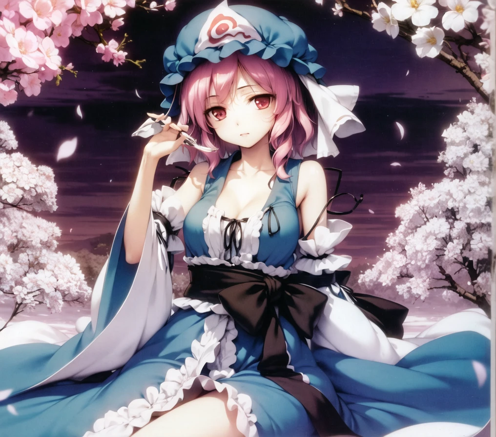 <lora:ke-ta:0.9>, saigyouji yuyuko, cleavage, cherry blossoms, butterfly, glowing butterfly