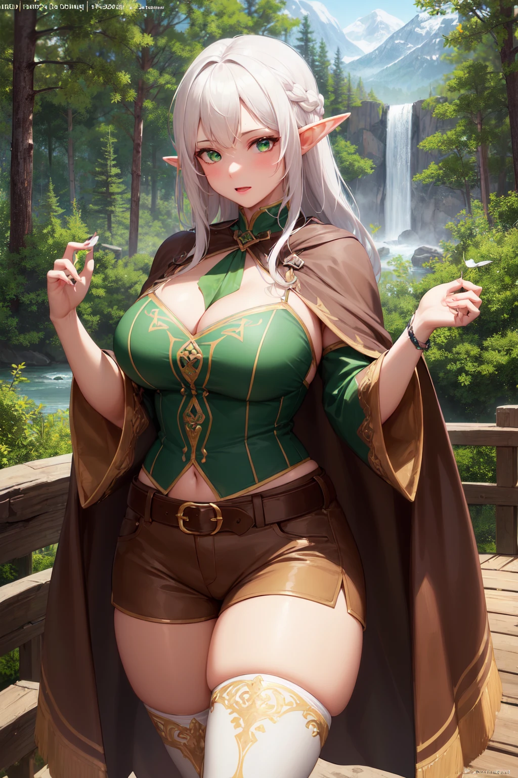 (Best Quality, Masterpiece:1.4), (Realism:1.2), (Realisitc:1.2), (Absurdres:1.2), 4K, Detailed, Ultra-Detailed, Digital Art, Detailed Face, (Hyper-Detailed Eyes:1.2), (Ornate:1.2),
(Nature:1.2), (Forest:1.4), (Mountains:1.2), Rocks, Rock, River, (Wooden Bridge:1.2),
(Solo:1.4), 1Girl, (Standing:1.2), (Elf:1.2), Pointy Ears,
(White Hair:1.2), Long Hair, (Sidelocks:1.2),
(Green Eyes:1.4),
(Curvy:1.4), Large Breasts, Thick Thighs,
Brown Knee Boots, (Brown Shorts:1.2), (Brown Cloak:1.2), (Brown Thighhighs:1.4), Green Dress, Black Belt,