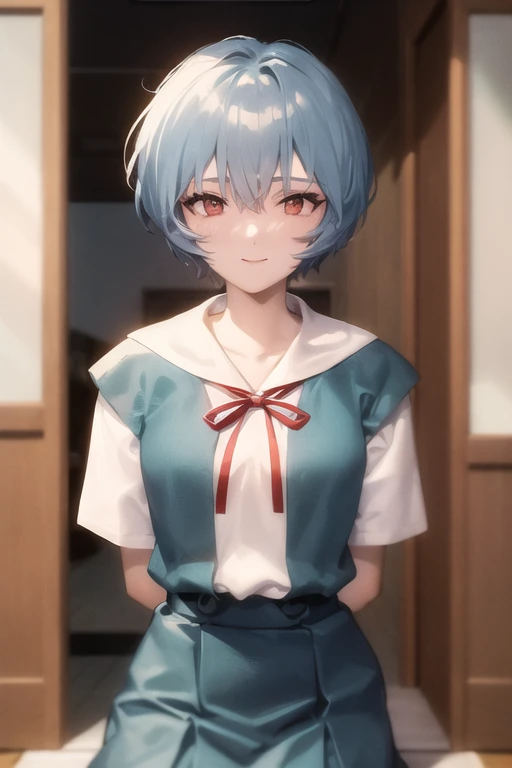 masterpiece, best quality, 1girl, ayanamirei, tokyo-3_middle_school_uniform, red ribbon, school_uniform, black socks, looking at viewer, light smile, city park, upper body, arms_behind_back <lora:AyanamiReiV6-000010:0.8>