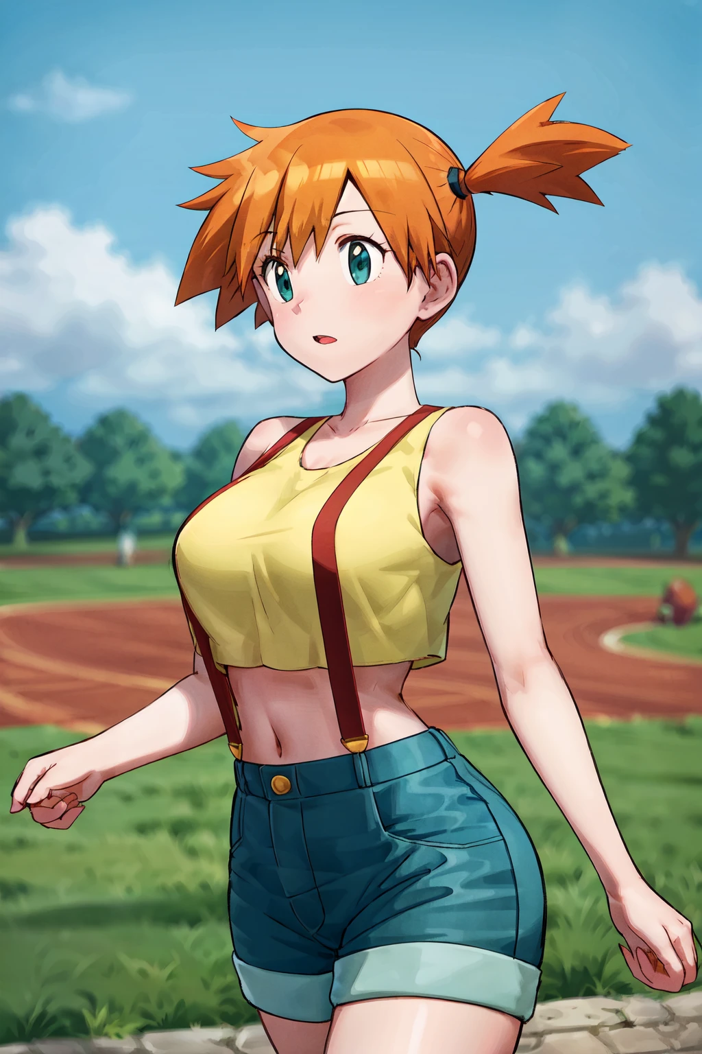 masterpiece, best quality, highres, 1girl, misty (pokemon), orange hair, solo, shorts, suspenders, side ponytail, orange hair, midriff, yellow crop top, navel, short hair, denim, denim shorts, large breasts, <lora:misty_(pokemon)_v2:0.7>, upper body, standing, outdoors,