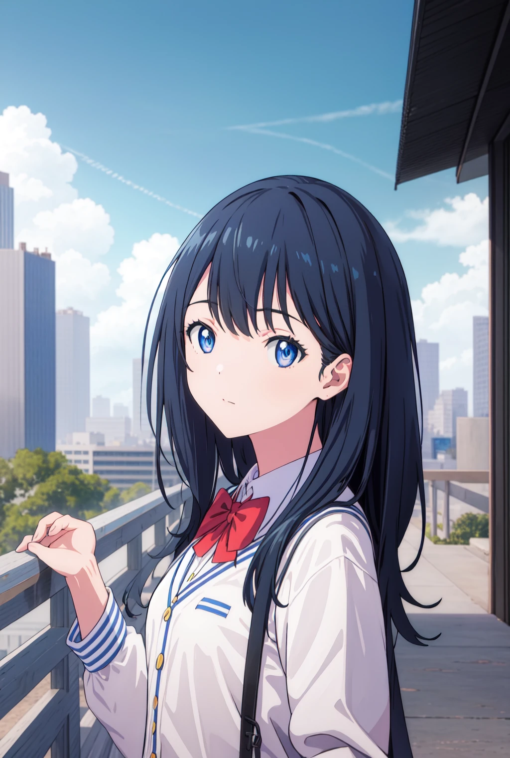 detailed,masterpiece,ultra-detailed,solo,(1girl),takarada rikka,upper body,cityscape,blue sky, looking to the side,