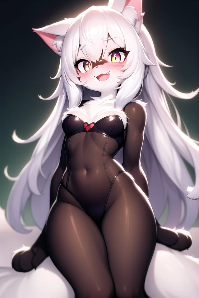 masterpiece, best quality, highres, best illumination, depth of field, complex background, detailed background, looking at viewer, lens flare, furry, furry female, animal ears, cat ears, cat tail, 1girl, cat girl, long hair, (((body fur))), solo, animal ear fluff, two-tone fur, paw, fur skin, (skinny), colorful fur, colorful eyes, blush, laughing, fang, fang out,