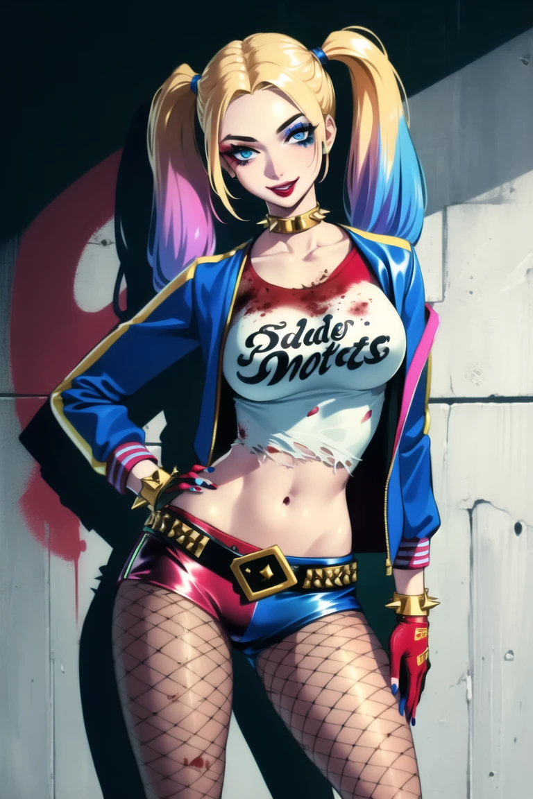 <lora:HarleyQuinnModernv2-000003:0.7>, 1girl, blonde hair, twintails, shorts, pantyhose, crop top, torn clothes, blue eyes, solo, makeup, midriff, gloves, jewelry, navel, short shorts, bracelet, torn shirt, fishnets, spikes, multicolored clothes, belt, fishnet pantyhose, spiked bracelet, single glove, torn pantyhose, breasts, graffiti, lipstick, jacket, clothes writing, multicolored hair, collar, eyeshadow, blue hair, multicolored jacket, blood, smile, shirt, looking at viewer, nail polish, choker,  shadow, hand on hip, (masterpiece:1.0), (best quality:1.0), (8k wallpaper:1.0), extremely delicate and beautiful, (beautiful detailed face:1.0), (detailed deep eyes),  symmetrical breasts, deep eyes,