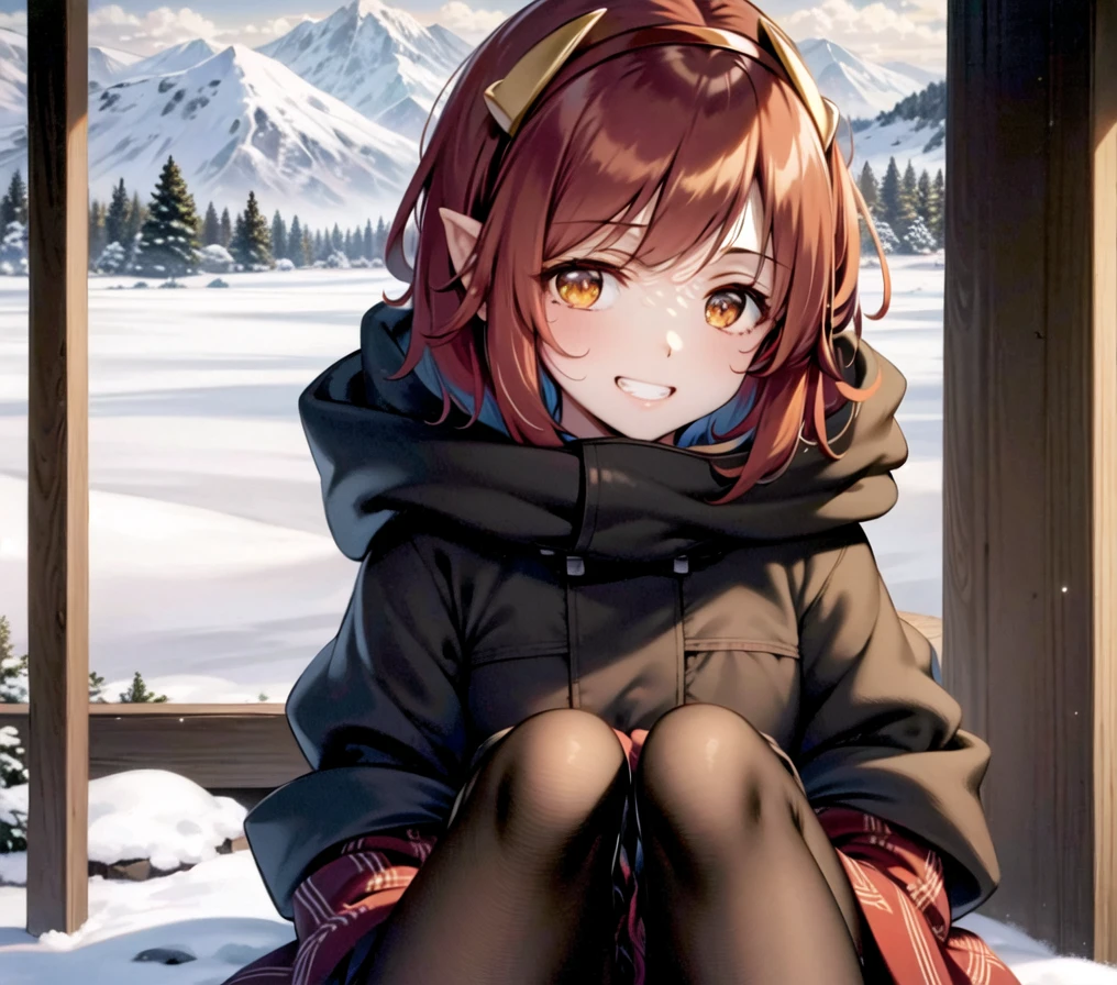 <lora:ke-ta:0.9>, winter, snow, coat, mountain, arctic, grin, solo, female focus, full body, <lora:gena:0.4>, red hairband, multicolored hair, red hair, short hair, colored tips, yellow eyes,