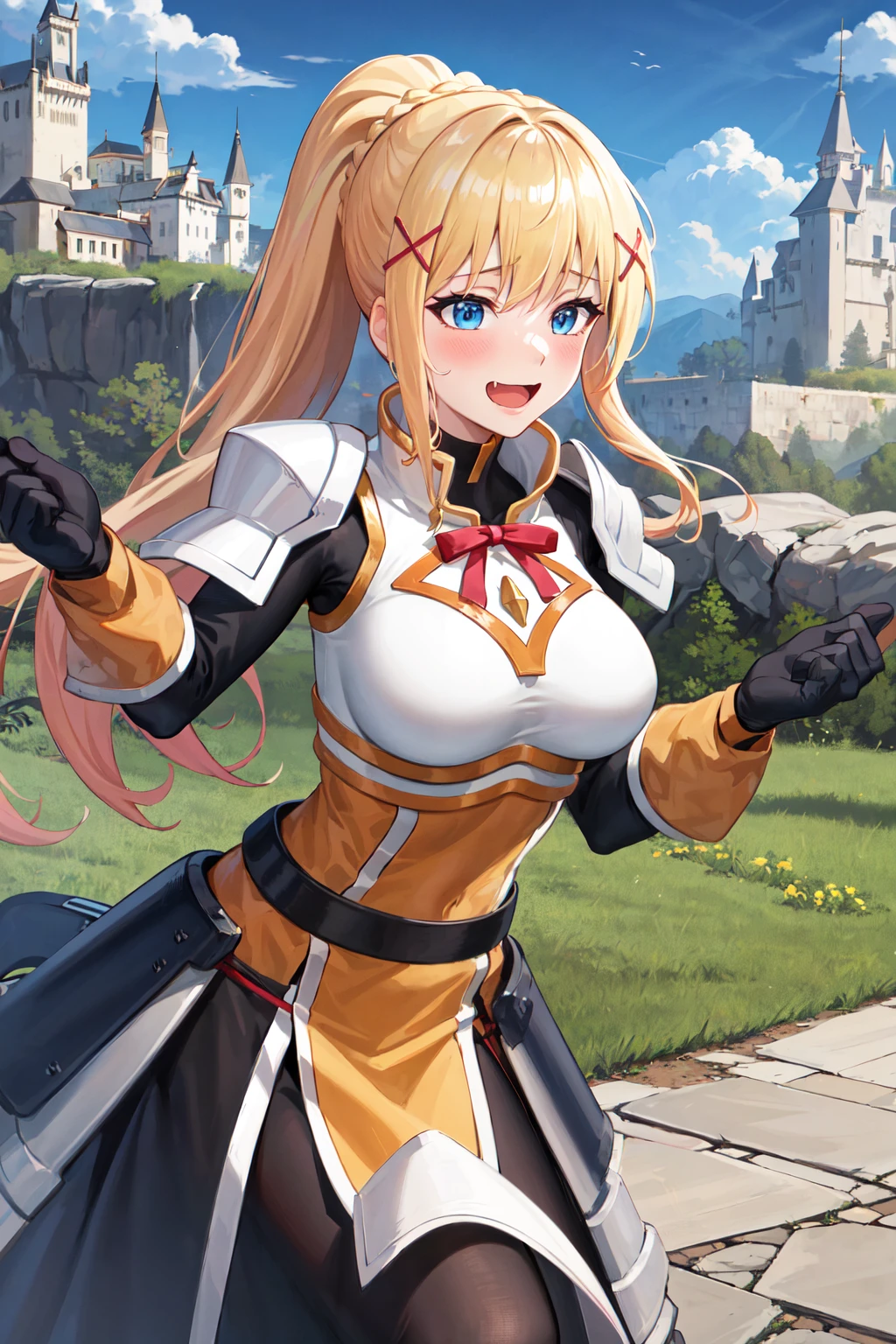 best quality, highres, 1girl, long hair, blonde hair, x hair ornament, armor, blue eyes, ponytail, hair ornament, gloves, shoulder armor, braid, black gloves, pauldrons, white boots, darkness \(konosuba\), large breasts, <lora:darkness (konosuba)_v1:0.6>, cowboy shot, castle, outdoors, (excited:1.2), blush, open mouth,