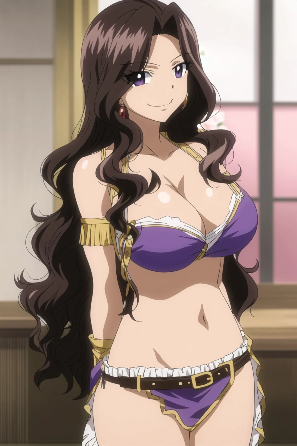 cana, fairy tail, anime art style, 1girl, solo, long_hair, breasts, smile, brown_hair, black_hair, cleavage, bare_shoulders, purple_eyes, collarbone