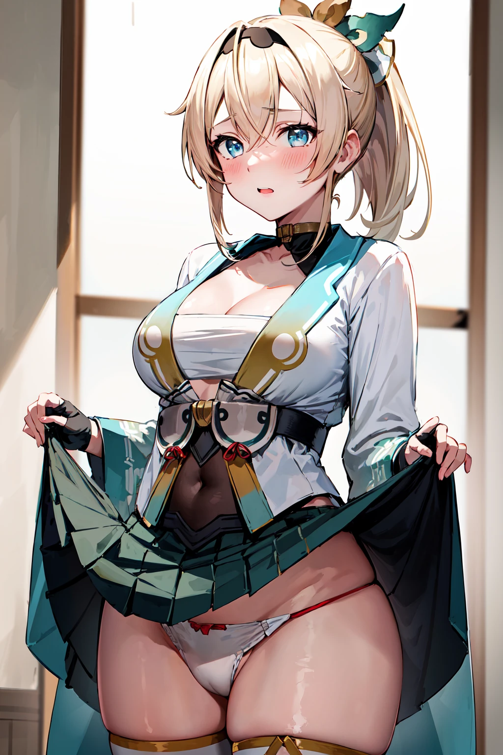 masterpiece, best quality, highres, 1girl, kazama iroha, blonde hair, fingerless gloves, gloves, sarashi, thighhighs, japanese clothes, white thighhighs, skirt, haori, black gloves, hairband, bangs, sheathed, pleated skirt, ponytail, chest sarashi, breasts, sheath, blue eyes, hair between eyes, black hairband, hair ornament, leaf hair ornament, long sleeves, covered navel, miniskirt, large breasts, <lora:kazama_iroha_v1:0.6>, cowboy shot, embarrassed, blush, (skirt lift:1.3), standing, (fundoshi:1.1),