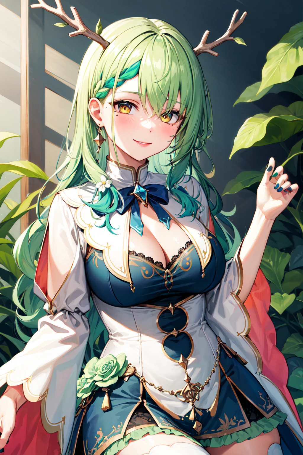 masterpiece, best quality, 1girl, breasts, green hair, braid, braided bangs, cleavage, thighhighs, single braid, single thighhigh, antlers, dress, yellow eyes, jewelry, anklet, nail polish, mole, toenail polish, green nails,hair flower, mole under eye, multicolored hair, long hair, toenails, hair ornament, large breasts, green flower, streaked hair, earrings, white thighhighs, bow, bangs, wide sleeves, leaf, blue dress, horns, ceres fauna, <lora:ceres_fauna_v1:0.6>, smile, upper body,