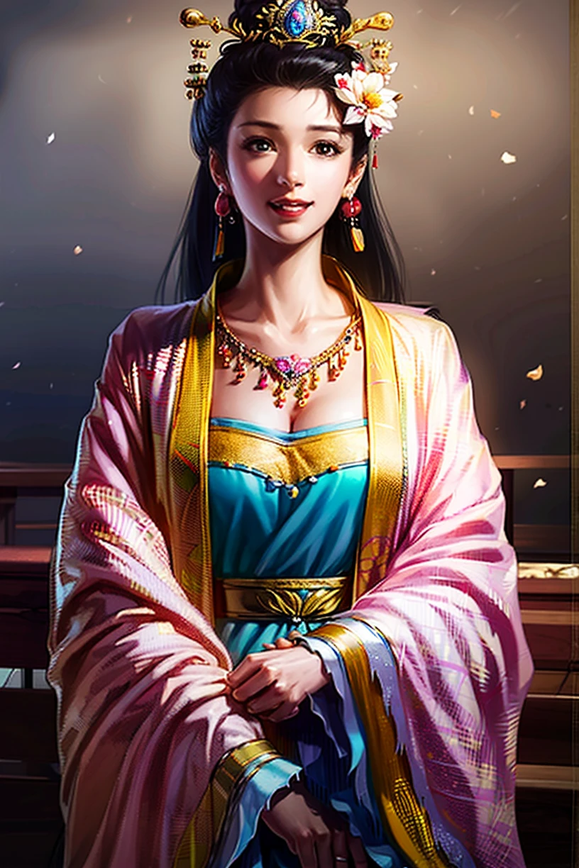 (8k, RAW photo, best quality, highres:1.2), (realistic, photo-realistic:1.37), beautiful detailed girl, extremely detailed eyes and face, beautiful detailed eyes, 1girl, medium breasts, pale skin, narrow waist, looking at viewer, (closed mouth:1.2), realistic light, realistic shadow, light smile, alluring,innocent big eyes, jewelry, necklace, breasts, hair_ornament, solo, dress, earrings, flower, hanfu, makeup, beads, bangle, long_hair, long eyelasher, queen's dress, put hands down , put hands behind , arms back behind, flying sakura flowers,