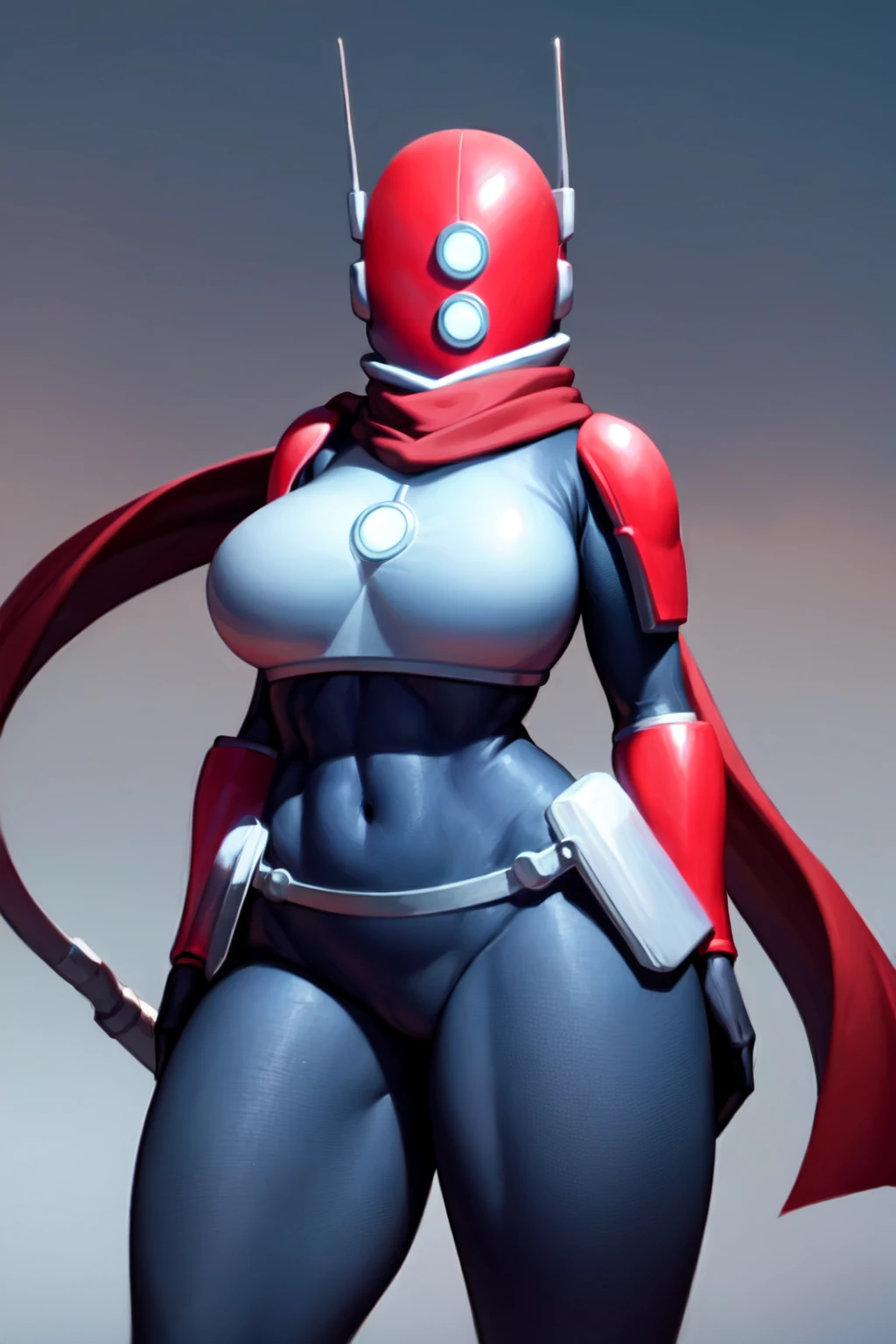 huntress, female, solo, standing, breasts, helmet, bodysuit, scarf, armor, gloves, thick thighs,