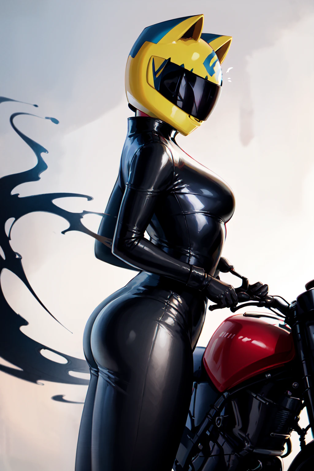 celty, 1girl, female, standing, helmet, bodysuit, black bodysuit, motorcycle helmet, biker clothes, animal ears, bikesuit, leather, breasts, side view, looking to the side,
