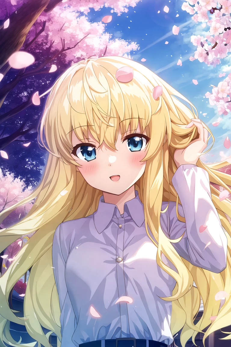 masterpiece, best quality, highres, game cg, 1girl, sabine, blue eyes, cherry blossoms, petals, flying petals, wind, upper body