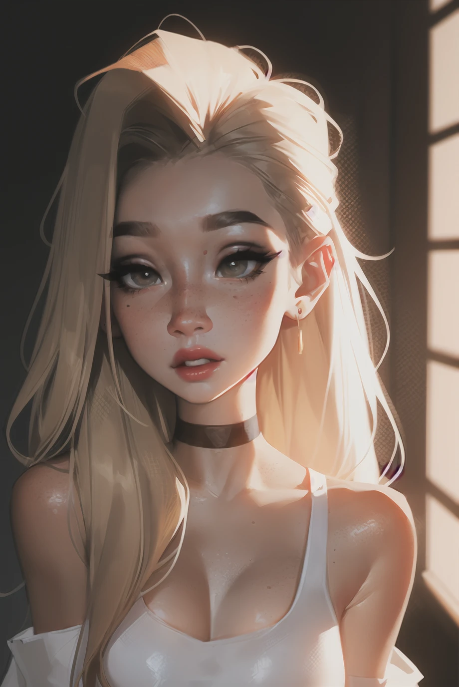 sam yang,
((1girl)) ,bottomless, backlighting, bare shoulders, black choker, blurry, blurry background, blush, breasts, choker, collarbone, earrings, forehead, freckles, hair over shoulder, jewelry, long hair,  pointy nose, red lips, shadow, solo, thick eyebrows, thick eyelashes, blonde hair, ((masterpiece))