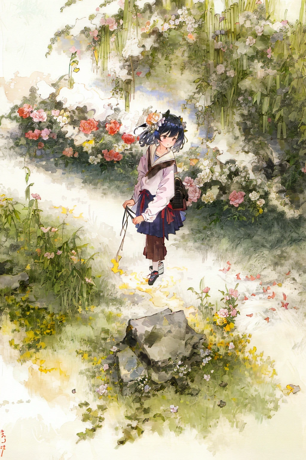 negative space, 1girl in serafuku, from above, (trees:0.5), (flowers:1.2) ,(birds:0.2), (bamboo0.1), garden,