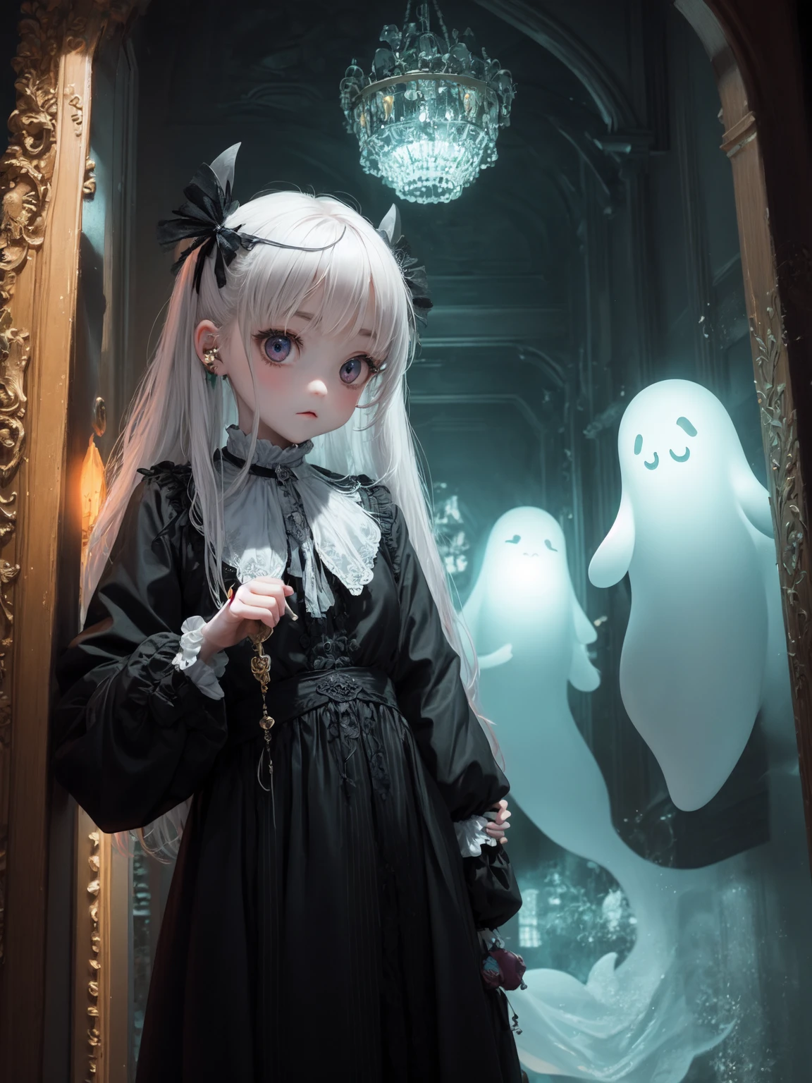 young woman、、white、Pink Hair、Long Hair、Twin tails、Expressionless、Big eyes、iris、、thin、wears a small crown,,、Black off-the-shoulder dress、There is a big cross in the middle of the dress..、周りにwhiteい幽霊がたくさんいる、Genuine、8k、High resolution、Live Action、Dirty big teddy bear wearing a mask。