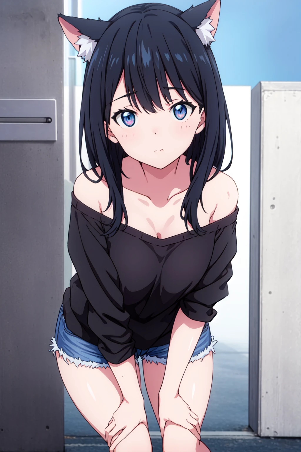 takarada rikka,(white backgruond:1.3),medium breasts,kemonomimi mode, black hair, facing viewer, off-shoulder shirt,short shorts, naughty face,