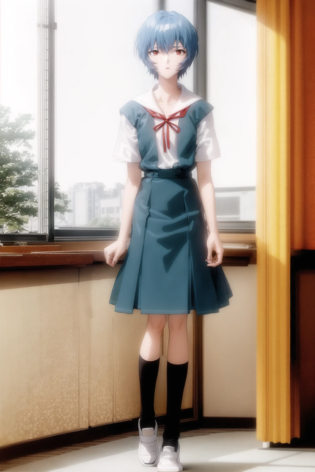 masterpiece, best quality, 1girl, ayanamirei, tokyo-3_middle_school_uniform, red ribbon, school_uniform, black socks, classroom, full body, standing <lora:AyanamiReiV6-000010:0.8>