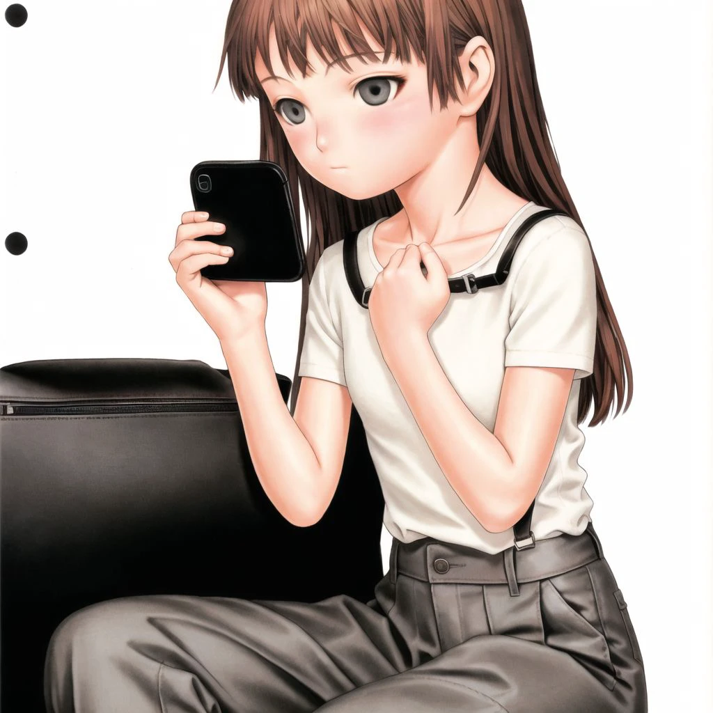 <lora:range_murata2:1>, murata renji, range murata,
1girl, bangs, blush, brown hair, camera, closed mouth, collarbone, grey bag, grey eyes, hair between eyes, highres, holding, holding phone, long hair, looking at viewer, lying, nose blush, on back, pants, phone, photo \(object\), shirt, simple background, solo, upside-down, white background
