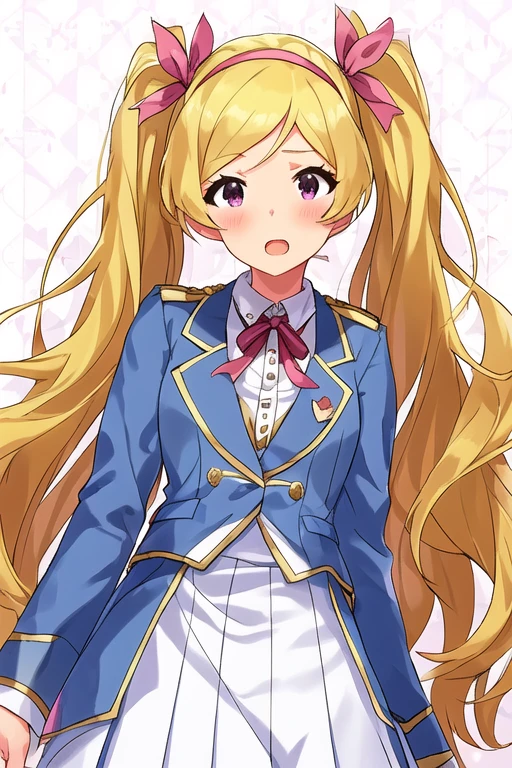 EMILY STEWART,
Rarity SSR,
1girl, blonde hair, blush, fluffy, hair ribbon, heart, long hair, looking at viewer, open mouth, pleated skirt, ribbon, skirt, smile, solo, twintails, uniform, very long hair, white background, purple eyes, hairband
<lora:mirishita-v1.0:1>