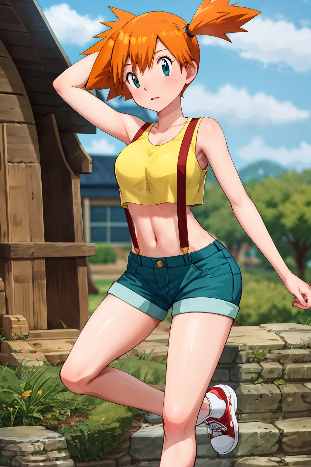 masterpiece, best quality, highres, 1girl, misty (pokemon), orange hair, solo, shorts, suspenders, side ponytail, orange hair, midriff, shoes, sneakers, yellow crop top, navel, short hair, denim, denim shorts, large breasts, <lora:misty_(pokemon)_v2:0.7>